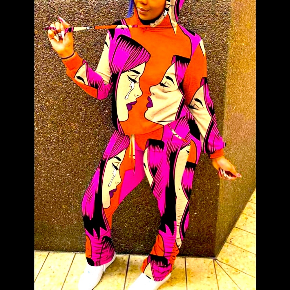 Lovers Graffiti Hoodie Pullover Long Sleeve & Folded Design Pants Set